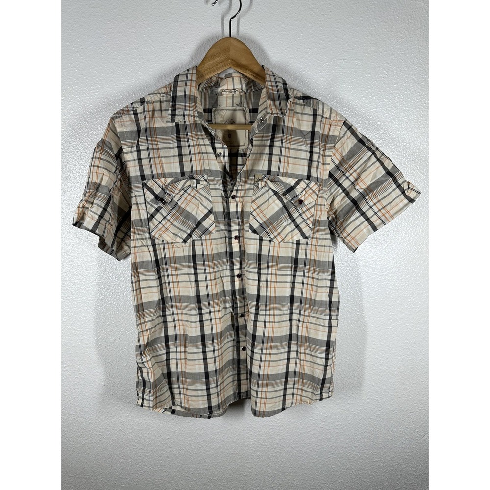 PrAna Shirt‎ Mens Medium Beige Orange Plaid Organic Cotton Button Front Casual